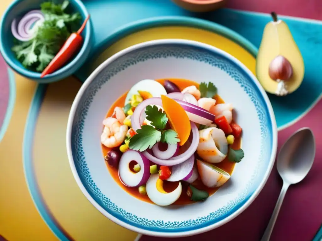 Receta leche de tigre peruana: Ceviche tradicional con mariscos frescos, cebolla roja, rocoto y cilantro en mercado peruano animado