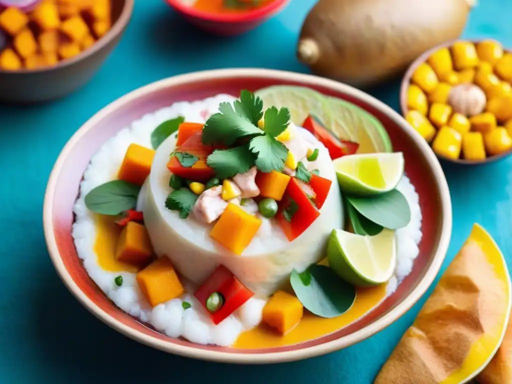 Receta leche de tigre peruana: Ceviche tradicional rodeado de ingredientes frescos en mercado limeño vibrante