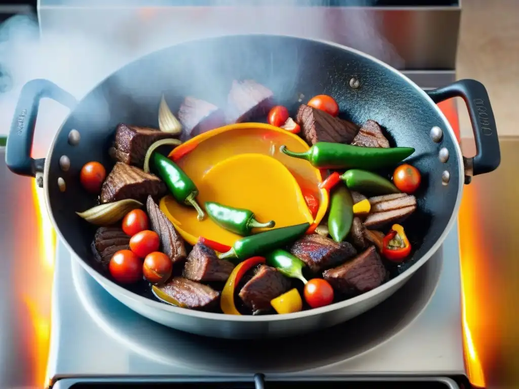 Receta lomo saltado: colorida preparación de gastronomía peruana con carne, verduras y vapor en wok