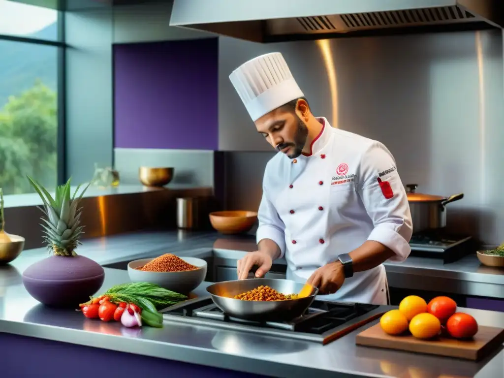 Chef Pía León preparando una receta peruana con ingredientes autóctonos en una cocina contemporánea