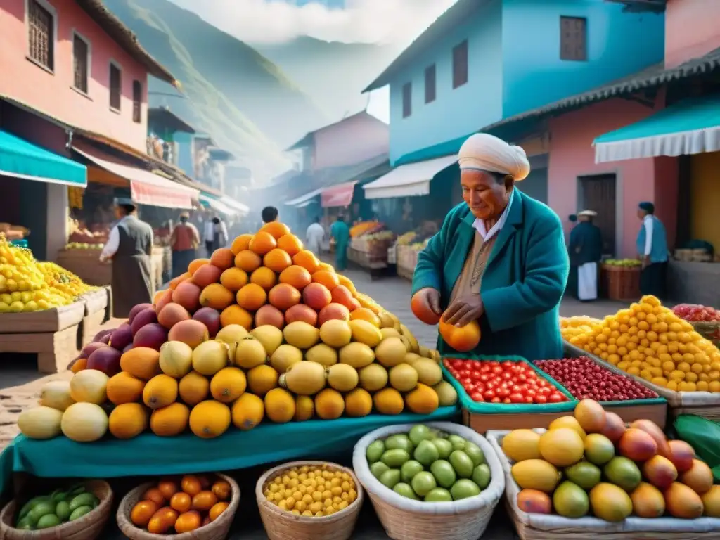 Receta refresco aguaymanto peruano: Mercado tradicional peruano con frutas frescas y coloridas bajo el sol