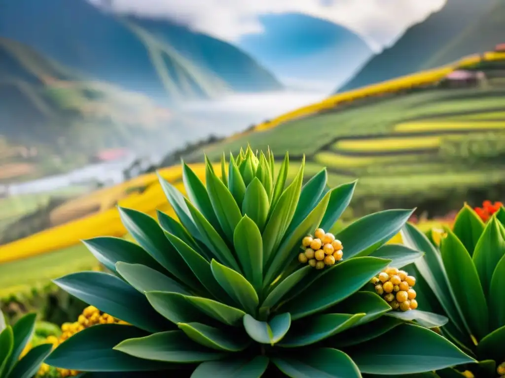 Receta refresco aguaymanto peruano: planta de aguaymanto en flor, hojas verdes vibrantes y frutos dorados brillando bajo el sol peruano