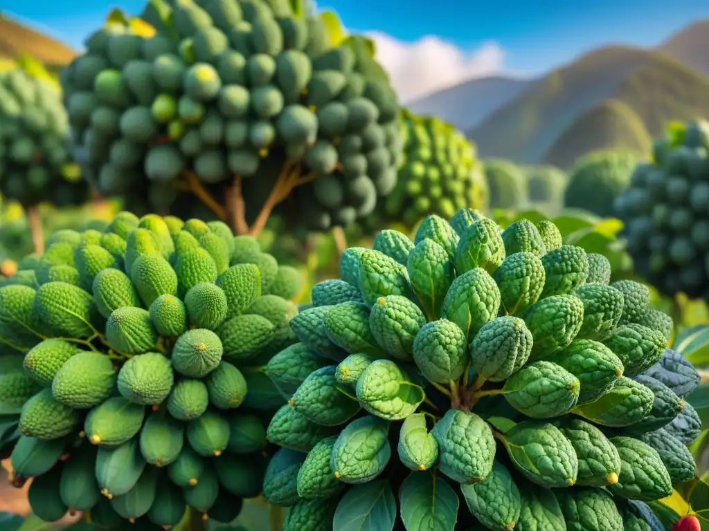 Receta refresco cherimoya peruano: Hermoso huerto de cherimoyas en Perú, frutas maduras bajo el sol y agricultores locales cuidando las plantas