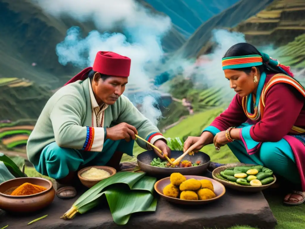 Receta tradicional Pachamanca Perú: Cocina ancestral en los Andes con ingredientes coloridos y vapor, Quechua supervisando