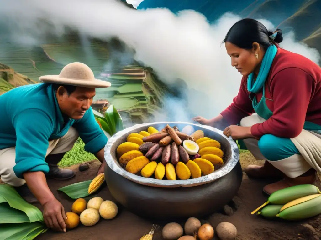 Receta tradicional Pachamanca Perú: Cocina andina con chefs locales y comunidad observando