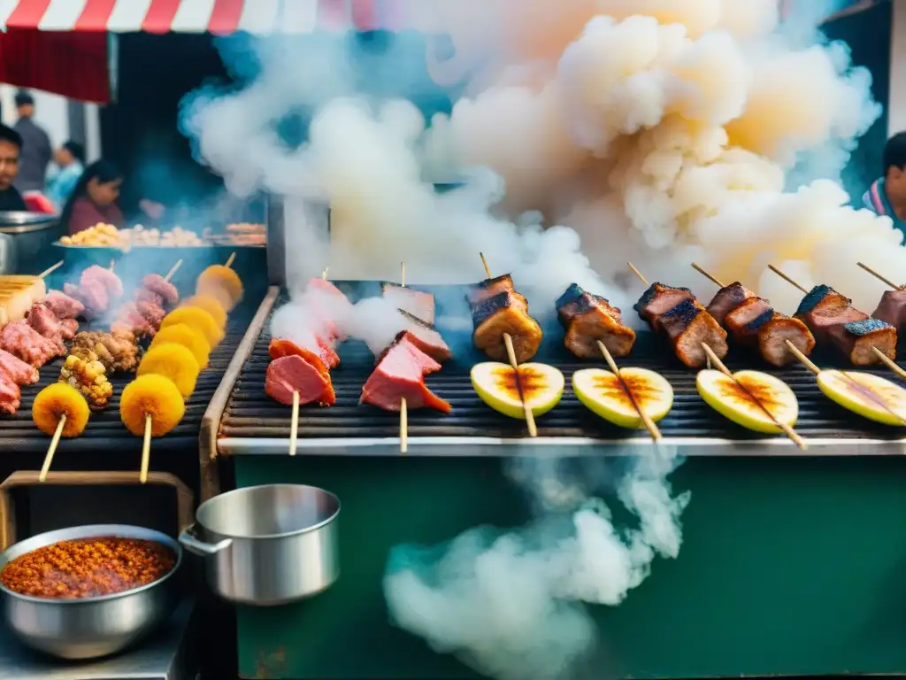 Receta tradicional anticuchos de corazón en bulliciosa calle de Lima, Perú, con colores vibrantes y humo de parrillas