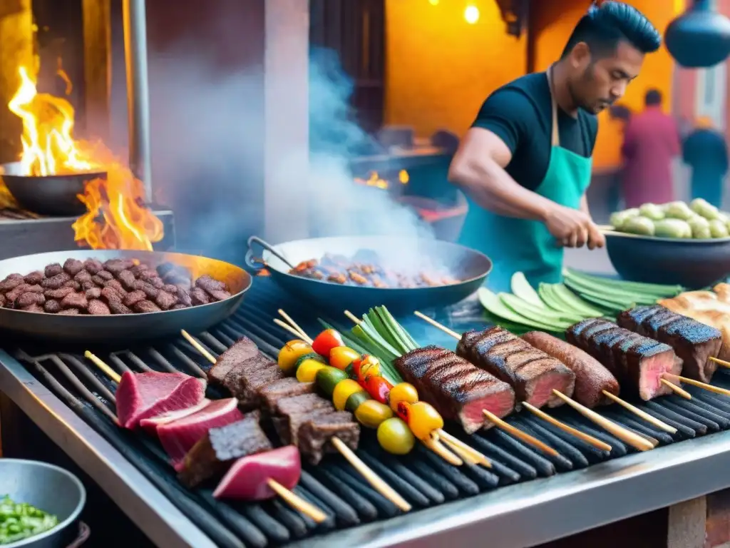 Receta tradicional anticuchos de corazón en las calles vibrantes de Lima al anochecer