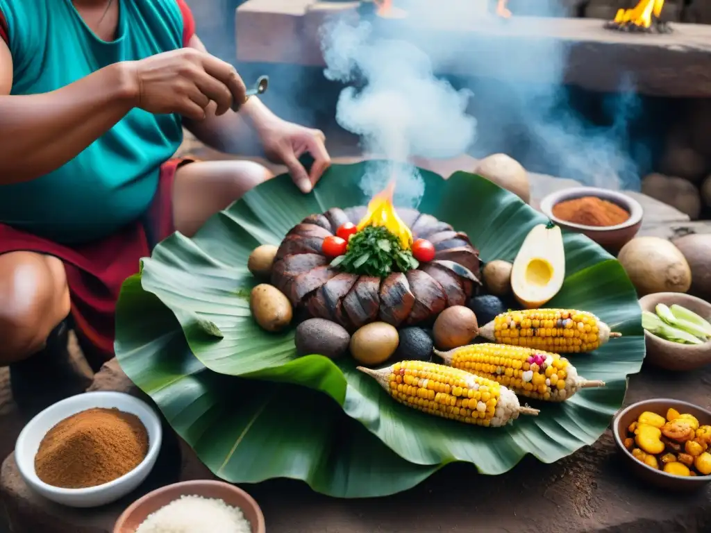 Receta tradicional Pachamanca Perú: Preparación detallada de una Pachamanca peruana en hoyo de tierra, chefs envueltos en vapor de aromas