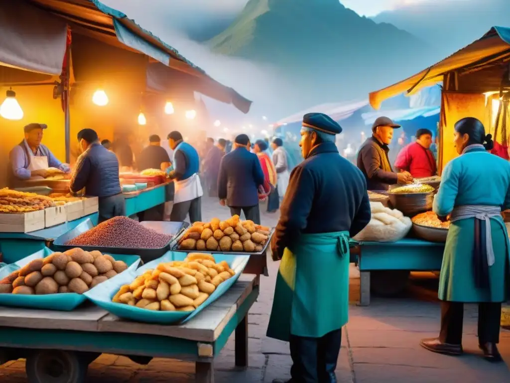 Receta tradicional pan con chicharrón: Mercado peruano bullicioso al amanecer con platos típicos y colores vibrantes