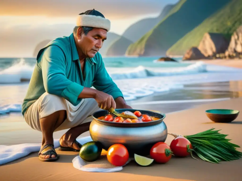 Cocina tradicional peruana: preparando Sudado de Pescado al amanecer Receta tradicional: pescadores peruanos preparan Sudado de Pescado al amanecer en la playa
