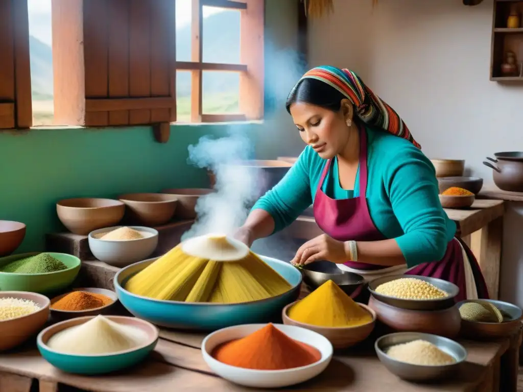 Receta tradicional tamal peruano: Cocina peruana tradicional con chefs preparando tamales en ambiente auténtico y colorido