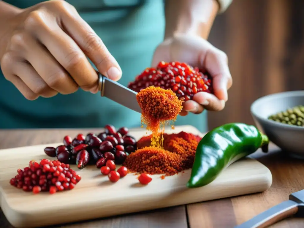 Preparando recetas con ají panca auténtico: corte de ají panca fresco en mano sobre tabla de madera