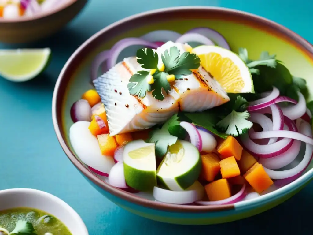 Recetas saludables cocina peruana: Ceviche tradicional con pescado fresco, cebolla morada, cilantro y camote en un mercado de Lima