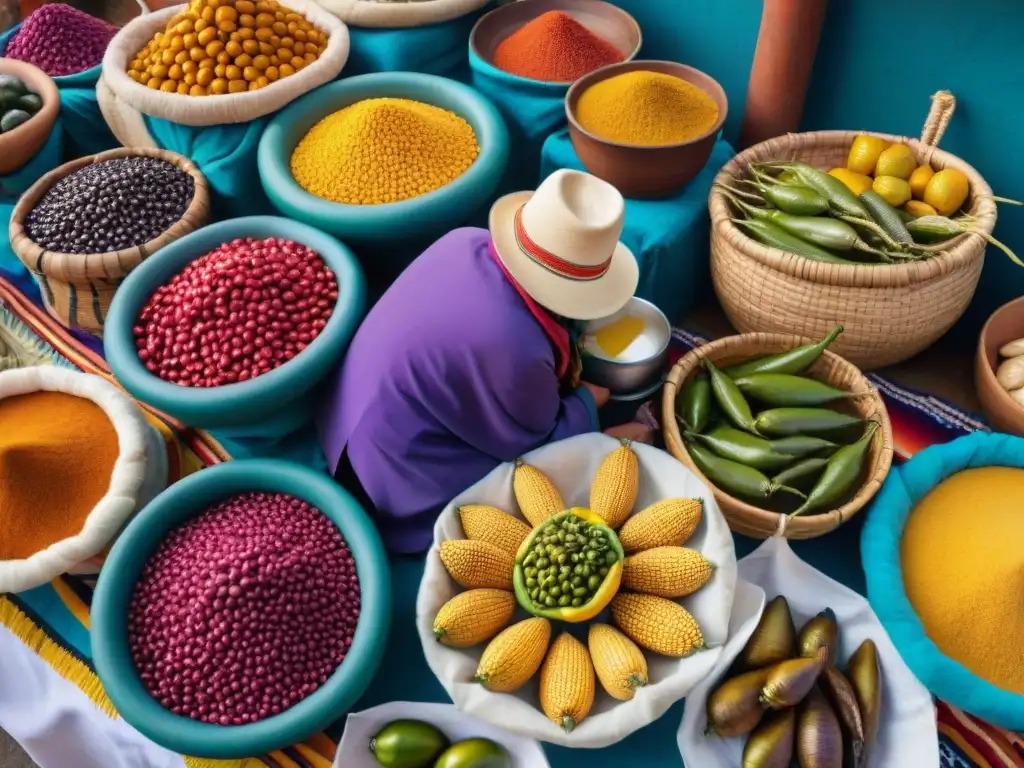 Recetas tradicionales peruanas con ingredientes autóctonos: Mercado peruano bullicioso, lleno de colores vibrantes y productos locales