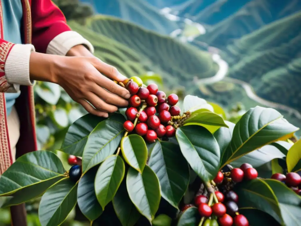 Un recolector de café peruano tradicional autóctono seleccionando cerezas maduras en plantación andina