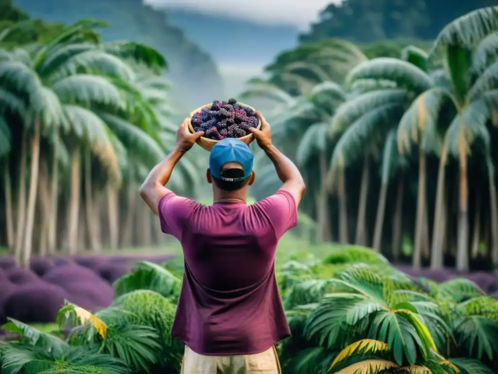 Un recolector indígena cosecha bayas de acai en la exuberante Amazonía peruana, destacando los beneficios del acai peruano para la salud