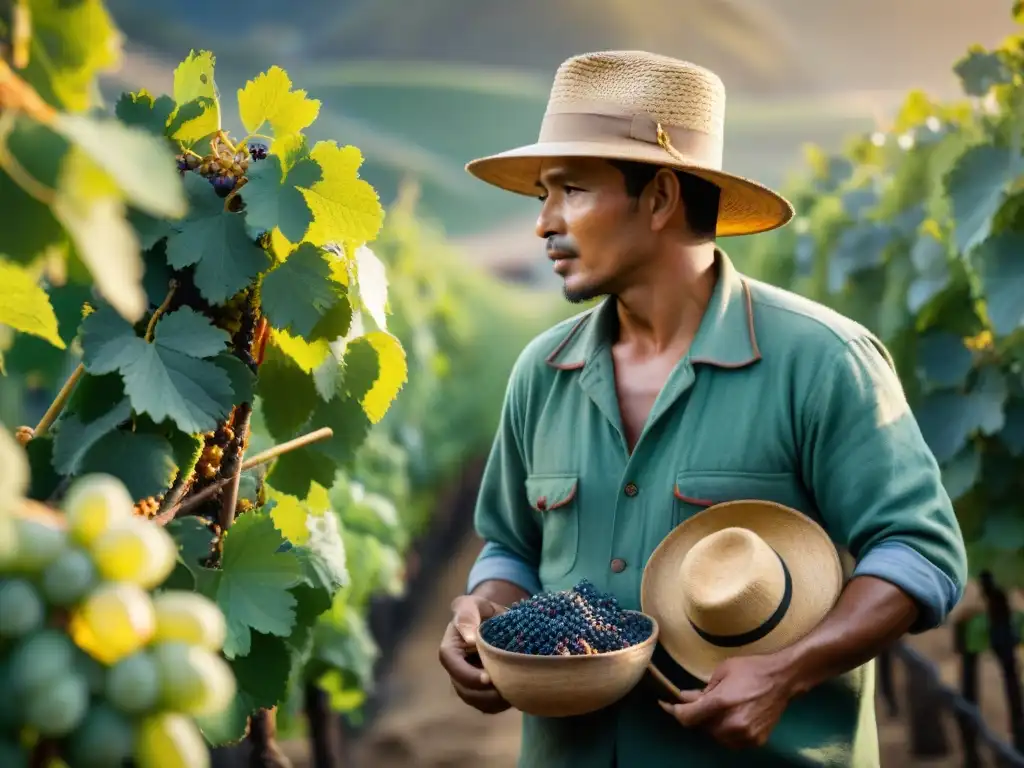 Un recolector de pisco peruano inspecciona uvas al atardecer