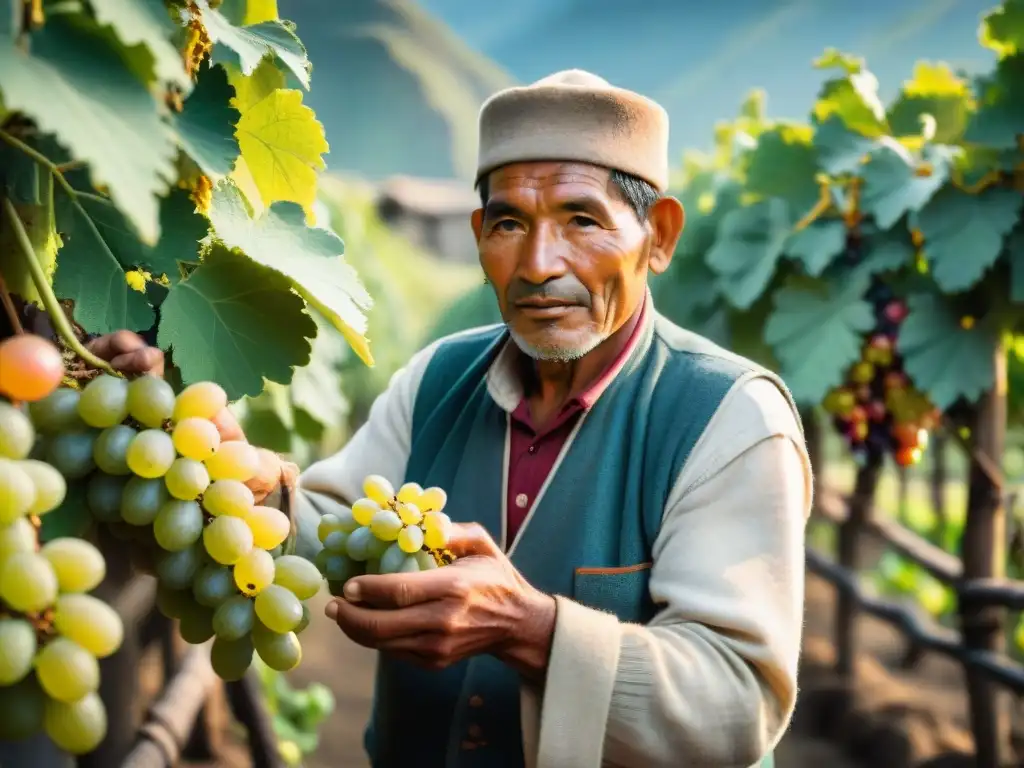 Un recolector de uvas peruano selecciona cuidadosamente las frutas maduras al amanecer en viñedos exuberantes