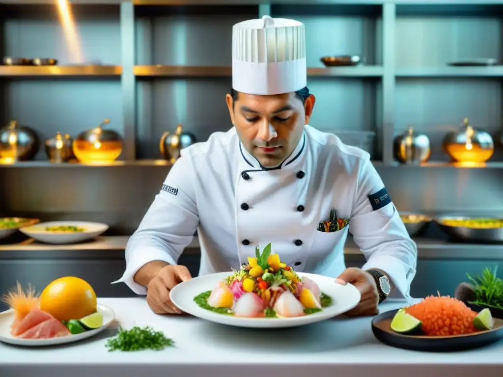 El reconocido chef peruano Virgilio Martínez elabora meticulosamente un ceviche colorido en su restaurante de alta cocina en Lima