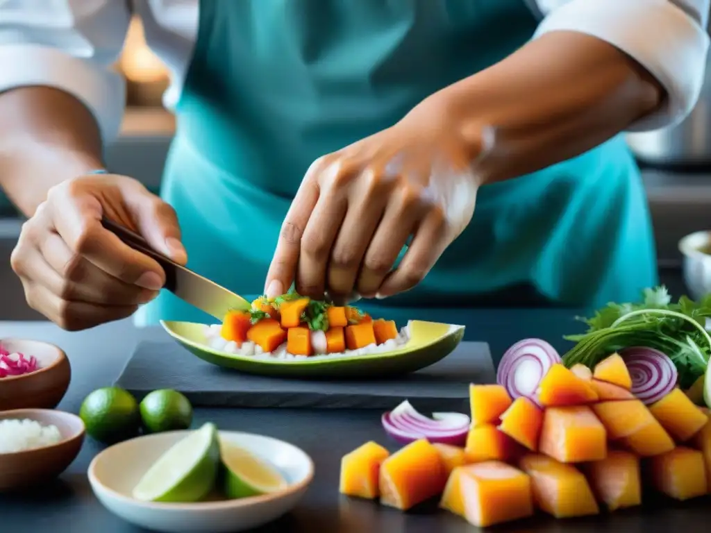 Un reconocido chef peruano prepara ceviche en evento culinario internacional, cautivando con la gastronomía peruana