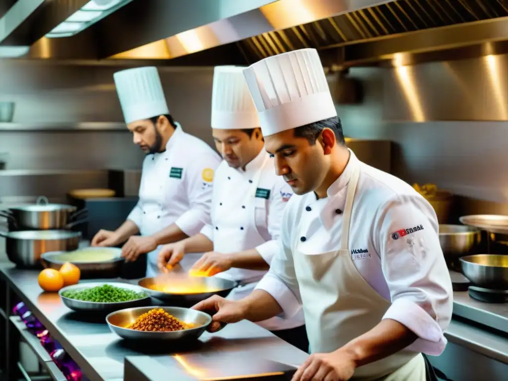 El reconocido chef Virgilio Martínez en Central, restaurante Perú vanguardia culinaria, supervisando la creación de platos peruanos con ingredientes coloridos y equipo de chefs trabajando con intensidad