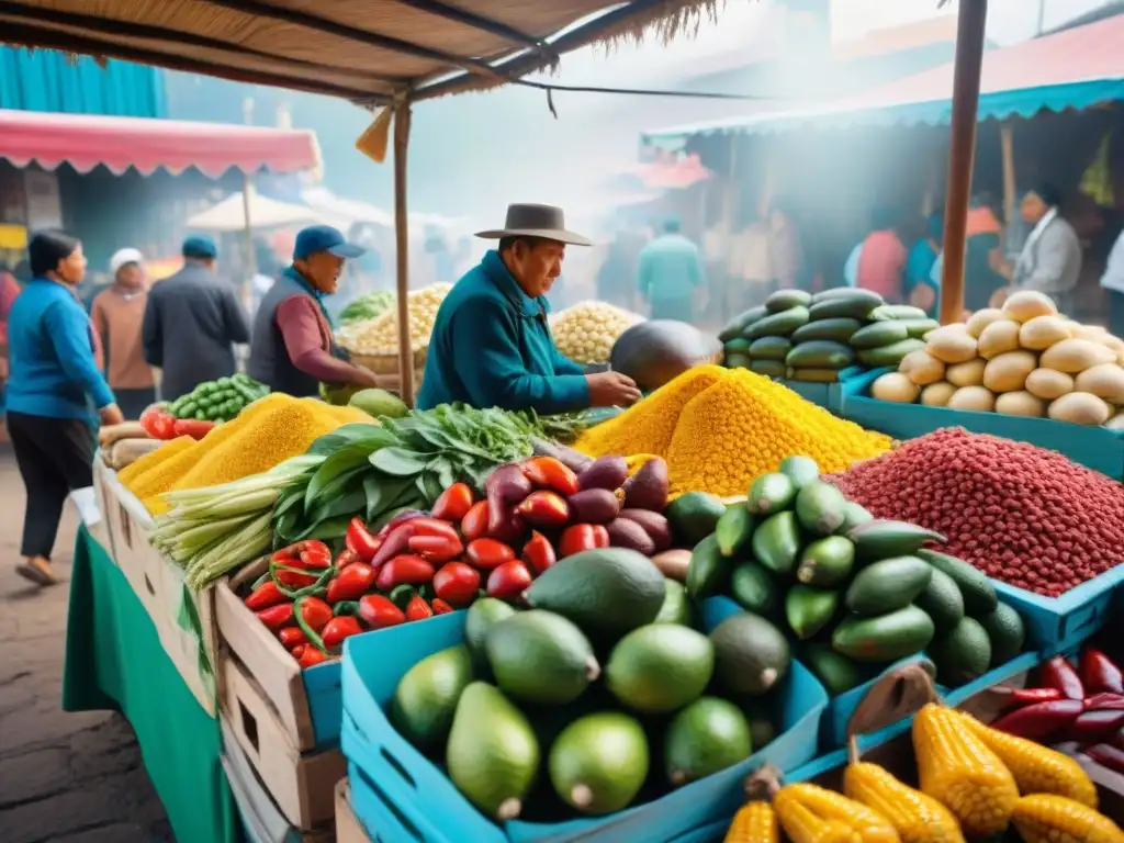 Reconocimientos internacionales gastronomía peruana: Mercado peruano vibrante con puestos coloridos y productos frescos