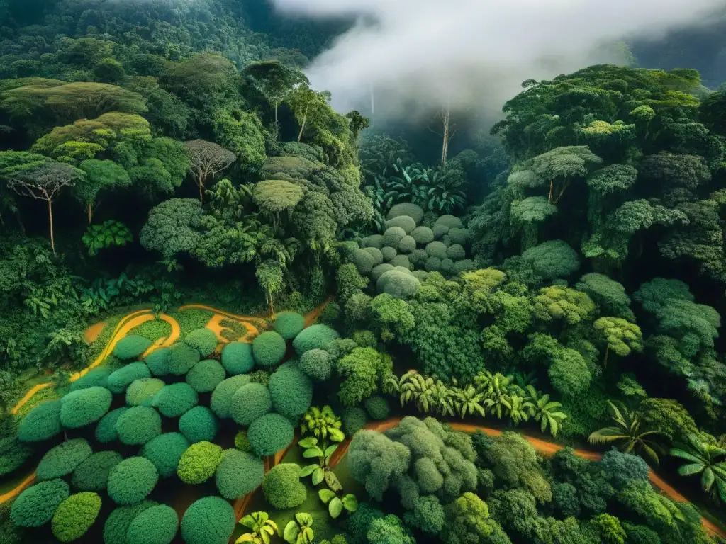 Red de raíces y vegetación exuberante en el bosque amazónico, resaltando la biodiversidad y la necesidad de conservación frutos