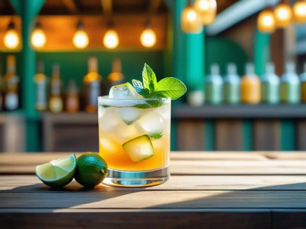 Un refrescante chilcano de pisco sin alcohol decorado con lima, jengibre y menta en una mesa de madera rústica, con un mercado vibrante de fondo