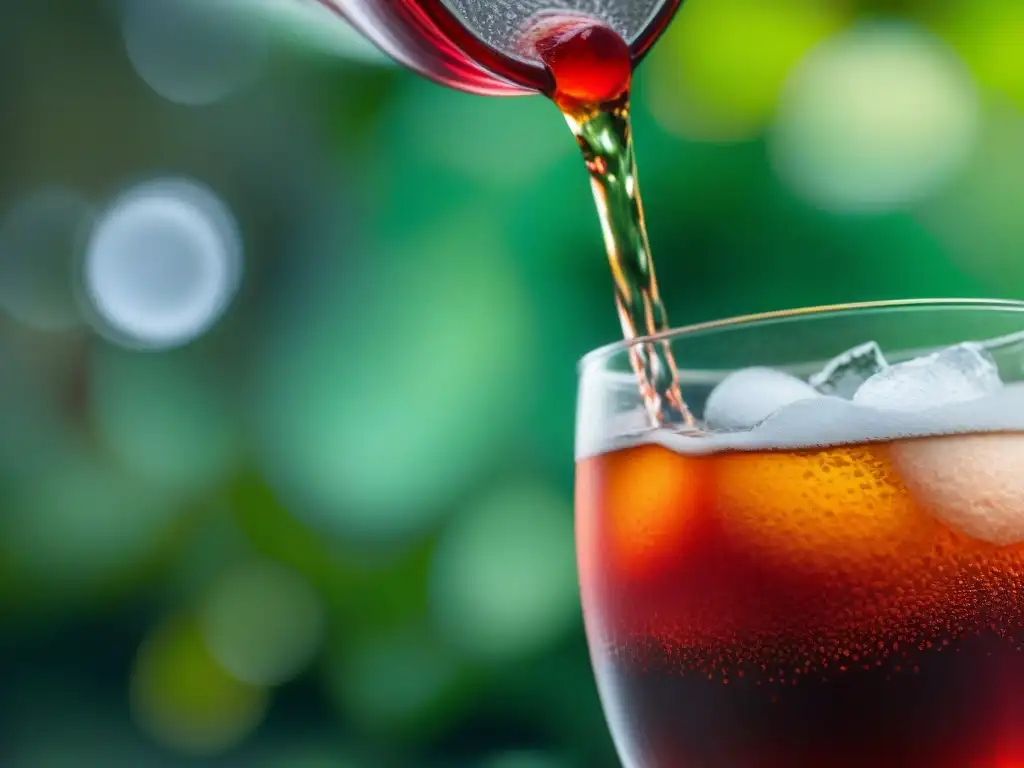 Refrescante cocona soda en vaso con hielo, burbujeante y roja, en el Amazonas