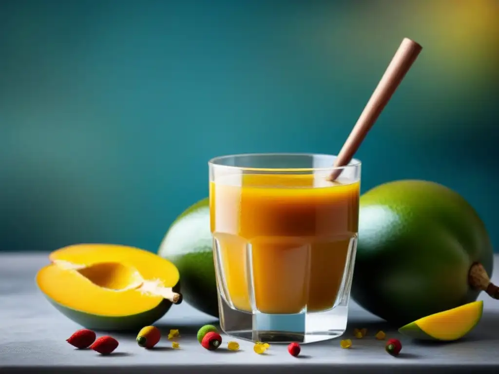 Un refrescante cóctel peruano de mango y ají, con ingredientes auténticos y vibrantes