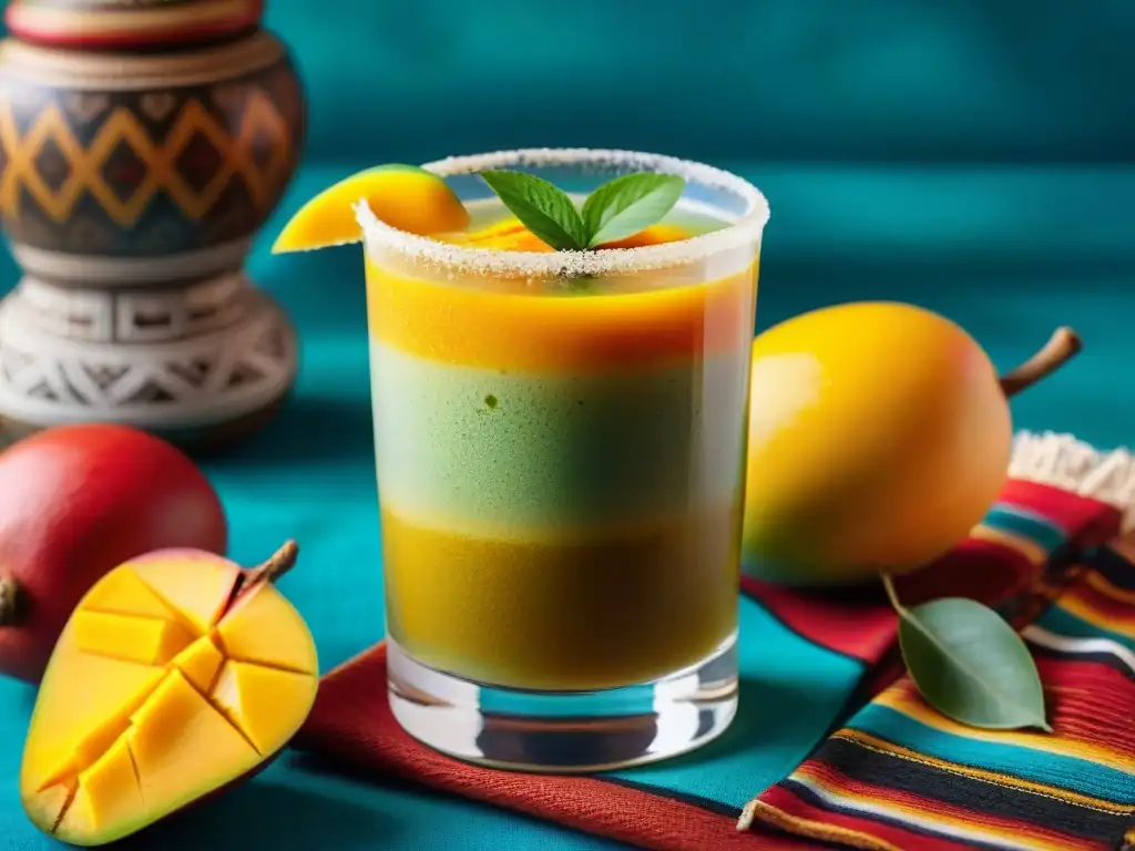 Refrescante receta de refresco de mango y ají peruano con hielo, decorado con rodaja de mango y polvo de ají, sobre textiles y cerámica tradicional