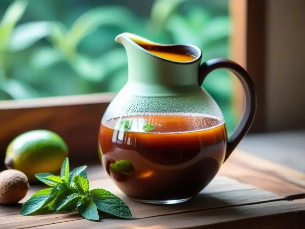 Refrescante jarra de tamarindo peruano con lima y menta Refrescante receta de verano: jarra de barro con jugo de tamarindo, menta fresca y lima, iluminada por el sol