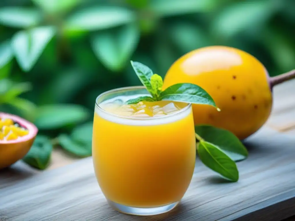 Un refrescante maracuyá trópico peruano con hielo, menta fresca y un paisaje tropical exuberante