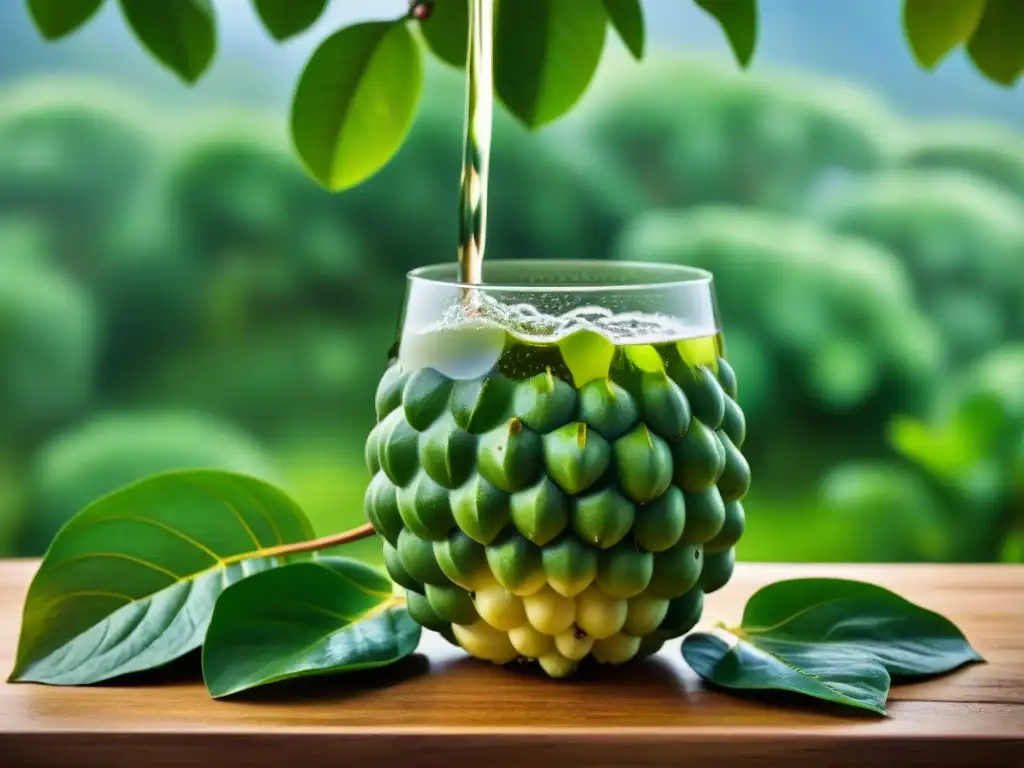 Un refrescante vaso de soda de cherimoya recién servida, con burbujas efervescentes y condensación en el vaso