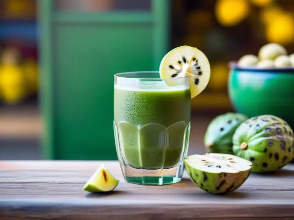 Refresco de cherimoya peruano en vaso, con pulpa verde y rodaja de fruta en el borde, en un mercado tradicional