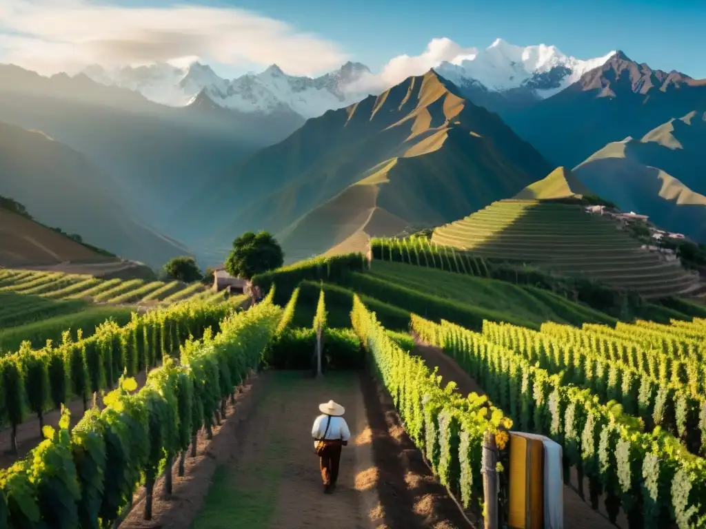 Renacimiento de la tradición del pisco en un viñedo peruano al atardecer, con los Andes de fondo