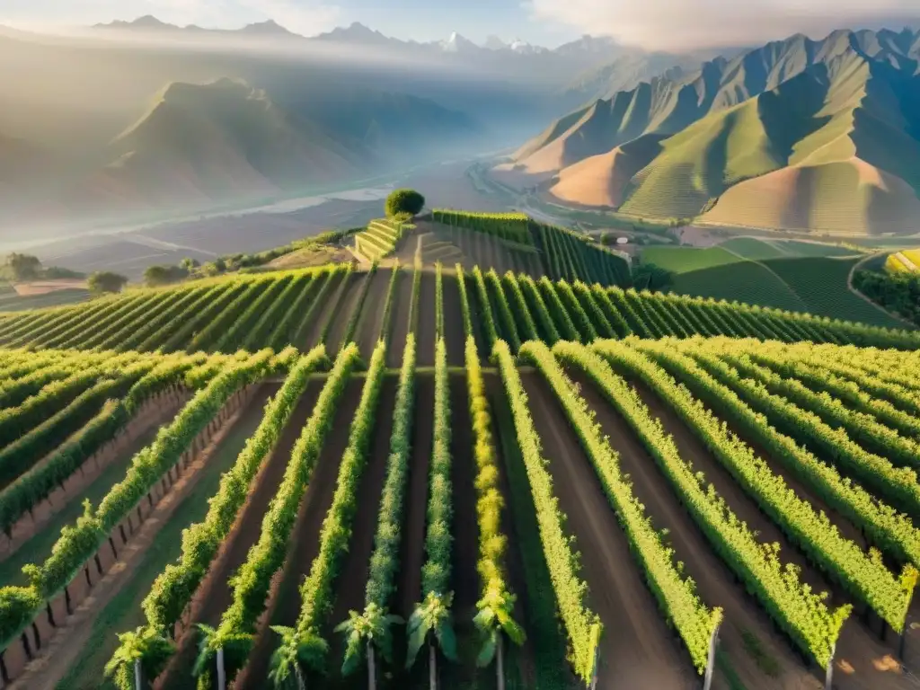 Renacimiento del pisco: viñedos exuberantes en el árido paisaje peruano con los Andes de fondo, reflejando tradición y labor