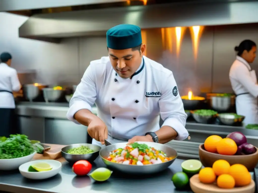 Un renombrado chef peruano enseña a preparar ceviche tradicional en una cocina vibrante