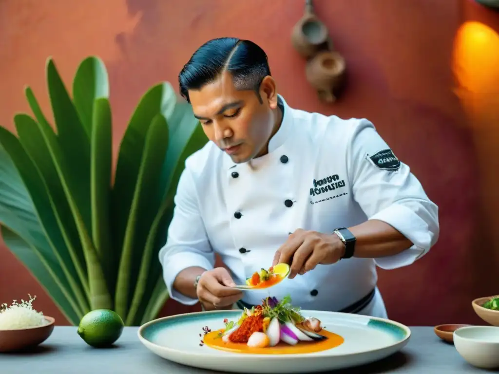 Un renombrado chef peruano plato ceviche colorido, destacando ingredientes autóctonos en escena culturalmente rica