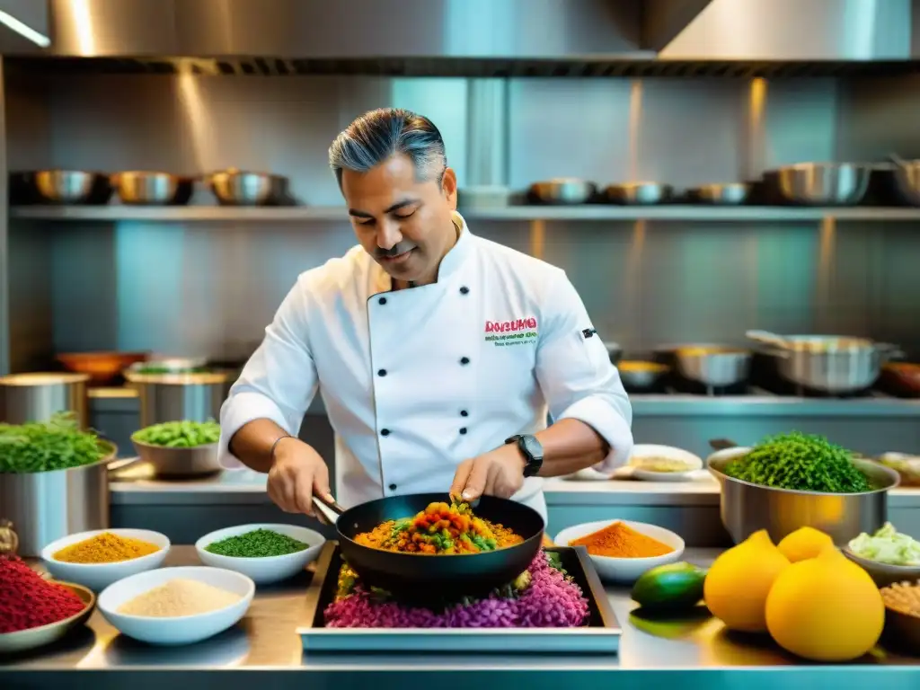 Chef Héctor Solís prepara plato chiclayano con maestría El renombrado chef Héctor Solís prepara plato chiclayano rodeado de ingredientes autóctonos en su bulliciosa cocina