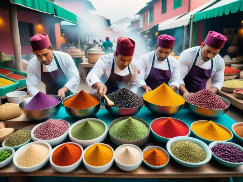 Renombrados chefs peruanos preparando recetas de salsas peruanas auténticas en un mercado de Lima