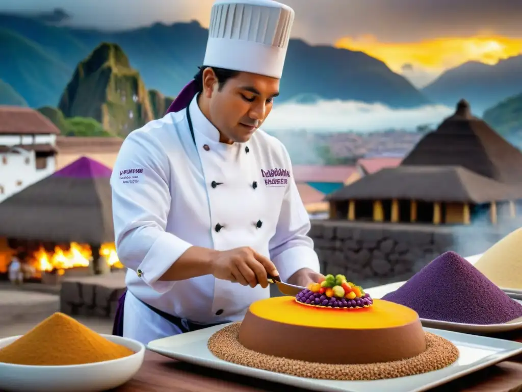 Un repostero peruano innovador preparando postres con ingredientes nativos en un mercado colorido con ruinas incas al fondo