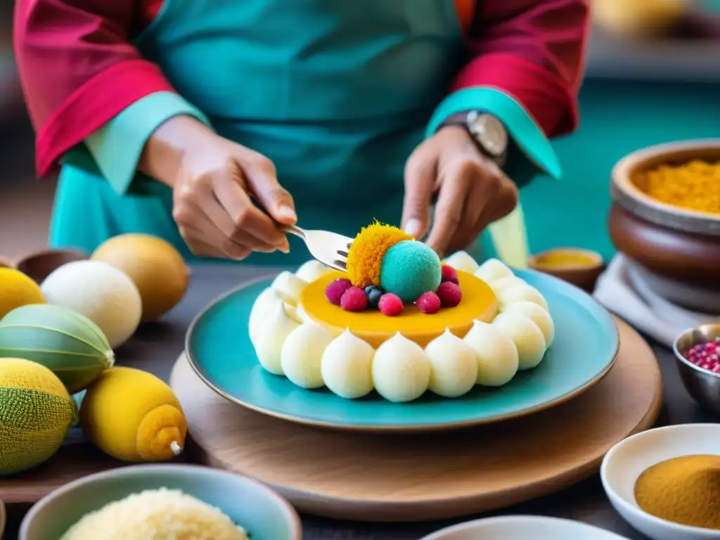 Un repostero peruano decorando postre tradicional en mercado peruano