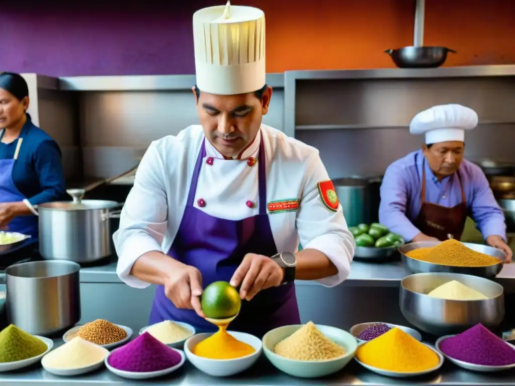 Un repostero peruano crea un Suspiro a la Limeña en un mercado tradicional peruano, mostrando la cultura culinaria con ingredientes autóctonos