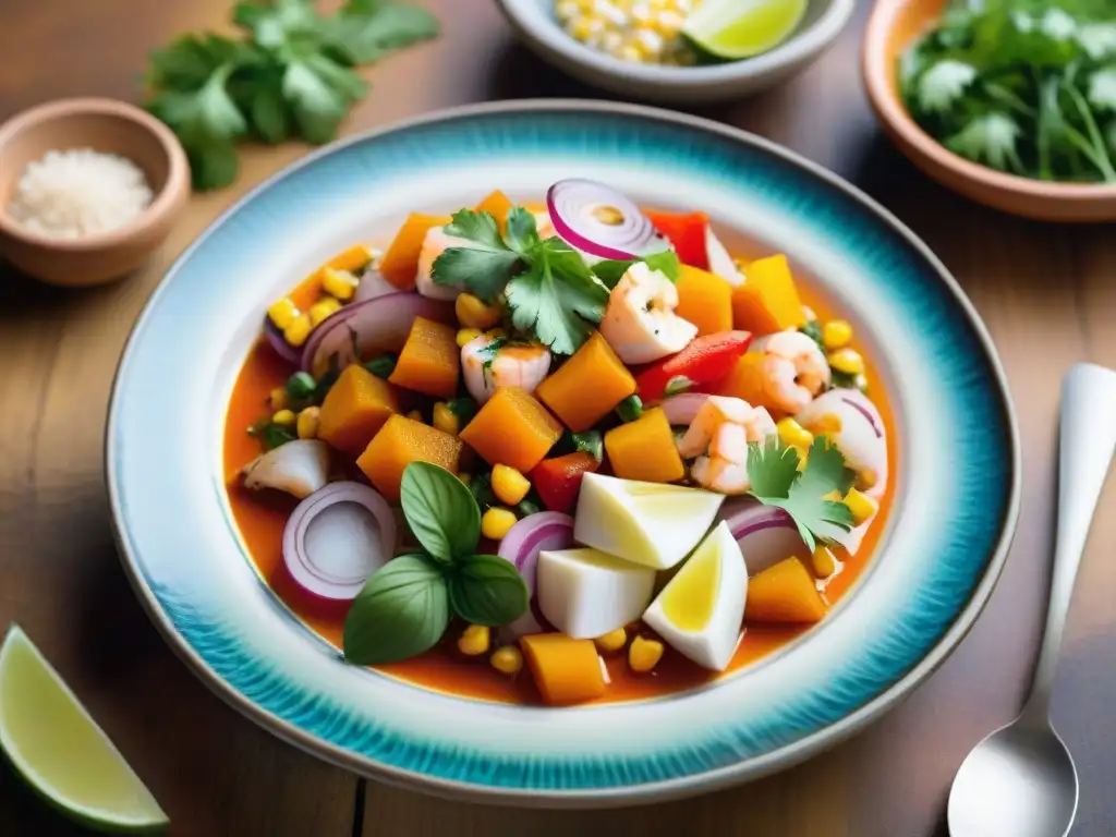 Una representación detallada de un ceviche peruano tradicional, con ingredientes autóctonos en un mercado vibrante