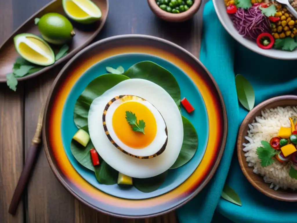 Una representación detallada de un exquisito plato peruano rodeado de textiles y utensilios tradicionales