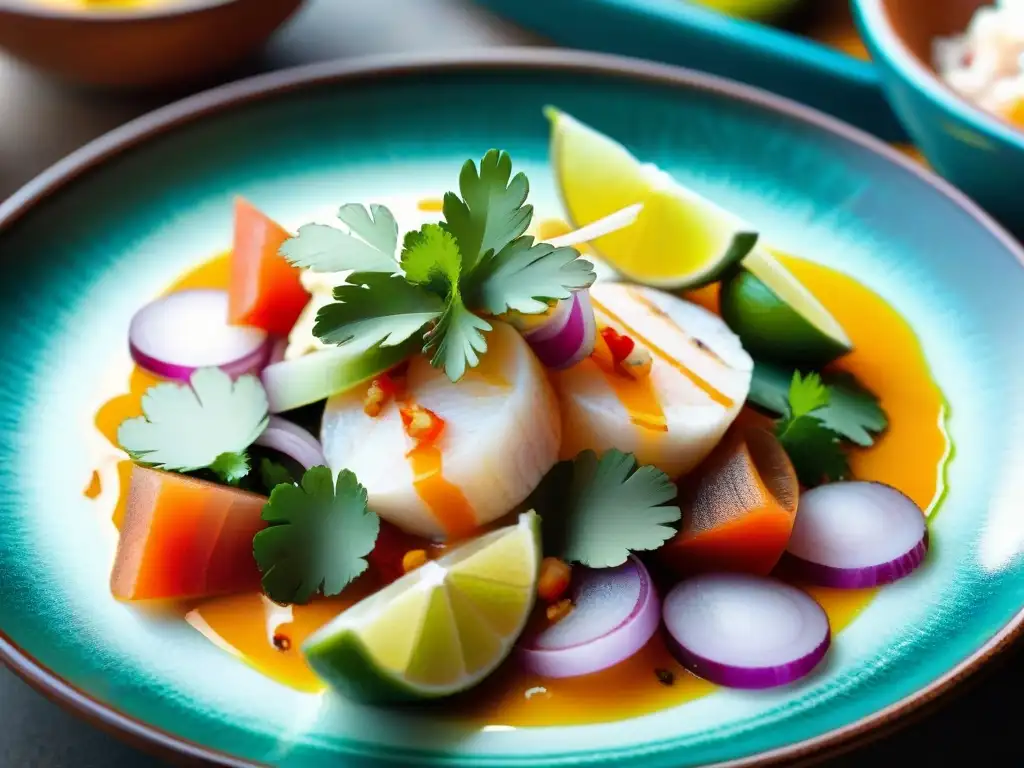 Una fotografía de alta resolución que muestra un primer plano de un tradicional ceviche peruano, resaltando sus colores vibrantes y frescura