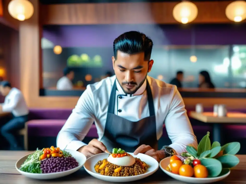 Un restaurante peruano tradicional rebosante de comensales, platos con ingredientes vibrantes y toques de realidad aumentada en menús