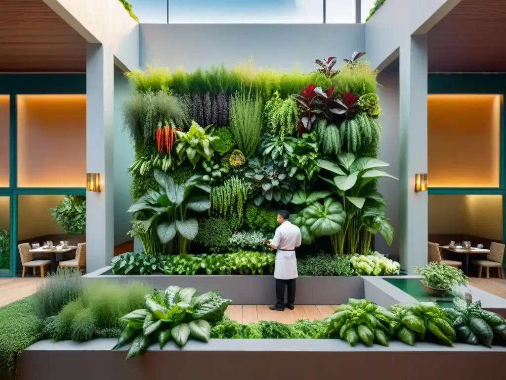 Un restaurante sostenible en Lima: un patio sereno iluminado por el sol con un jardín vertical exuberante y chefs seleccionando productos frescos