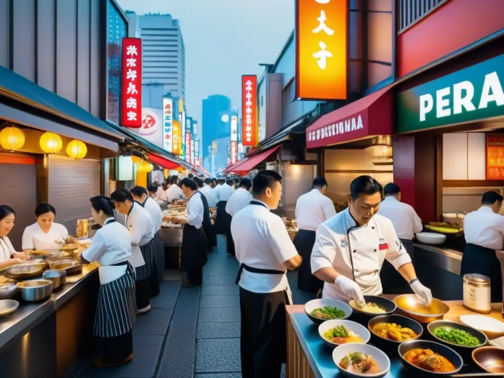 Un restaurante tradicional en Osaka fusionando la Gastronomía peruana Nikkei en Osaka con luces neón y bullicio callejero